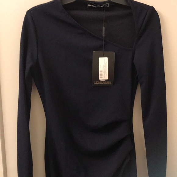 Pretty Little Thing Navy Asymmetric Neck Dress - Picture 7 of 7